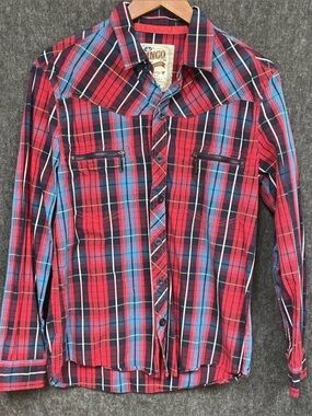 VINTAGE JNCO Red Plaid Button-Down Shirt with Blue Accents